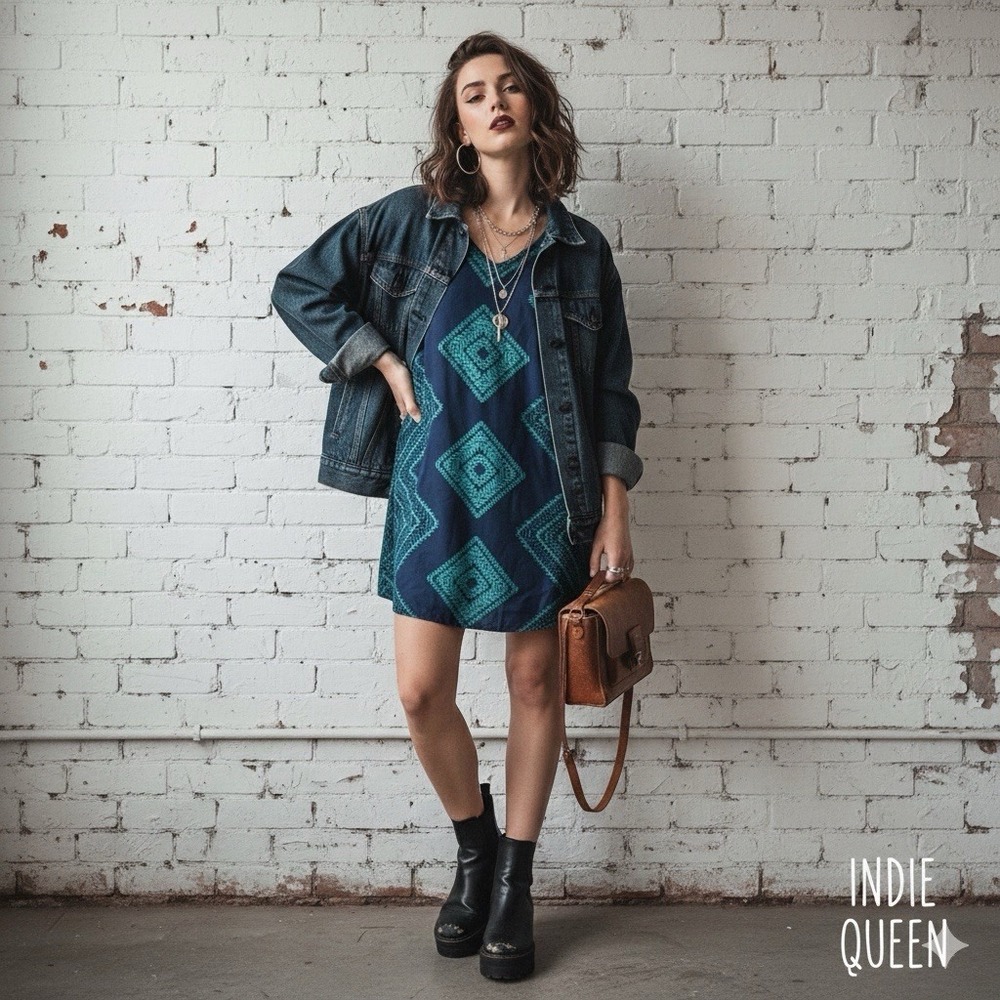 Renee C Mod Geometric Shift Dress Teal Blue Art Indie sleaze Retro Tunic L